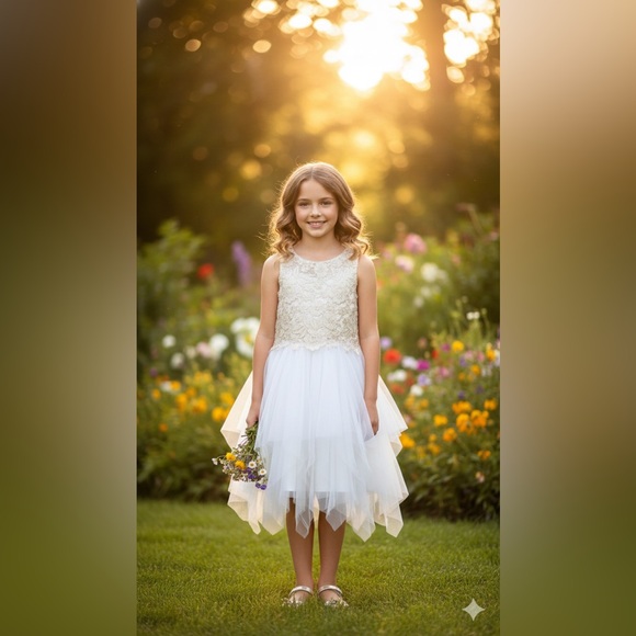 👑 Coquette Gold Floral Ethereal Lace & Tulle Tiered Princess Dress Girls Size 14 - Picture 3 of 14